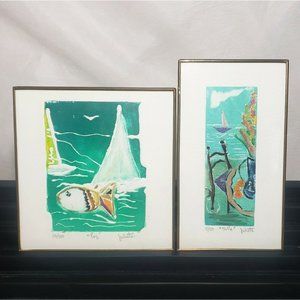 Pair Small Seaside Nautical Original Paintings Fis